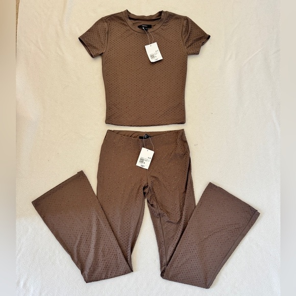 Forever 21 Pants - NWT Forever 21 Women's suit with rhinestones Brown Short Sleeve Top Pants Set S